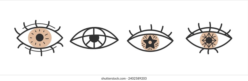 Mystical eyes collection. Line sight symbols set. Esoteric sign. Vision icon. Magical oracle art with stars, black and golden colors. Vector illustration on white background