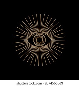 Mystical eyes in line art style on black background. Ritual sign. Magic rite. T-shirt print.