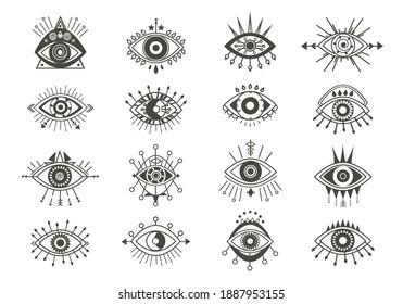 Mystical eyes symbols set. Esoteric signs with sacred vision circle and arrows occult look amulets with geometric figures of religious secrets of astral worlds and universes. Vector vision.