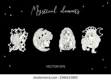 Mystical Faces Set. Perfect for tattoos, prints, branding, and spiritual designs.