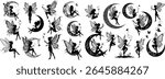 Mystical Fairy Silhouette Collection with Crescent Moons and Stars