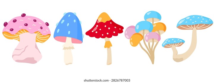 Mystical fall cute mushroom and toadstool elements for flat. Vector set with forest moss and bolete silhouettes poisonous typography. Fantasy isolated kids drawing on ground with king fungus.