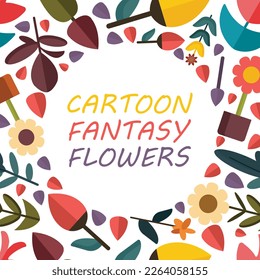 mystical fantasy flowers, background. Daisy, tulip, cornflower, wild flowers. flat colored cartoon objects.