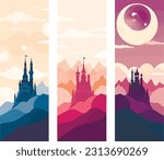 Mystical Fantasy Landscape Illustrations with Castles, Fairies, and Surreal Nature Elements. Mystical valley, with forest and river. Game assets. Stones and grass.