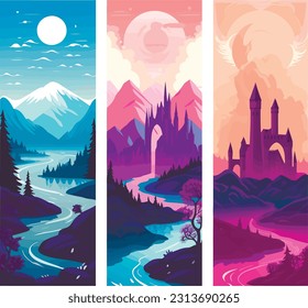 Mystical Fantasy Landscape Illustrations with Castles, Fairies, and Surreal Nature Elements. Mystical valley, with forest and river. Game assets. Stones and grass.