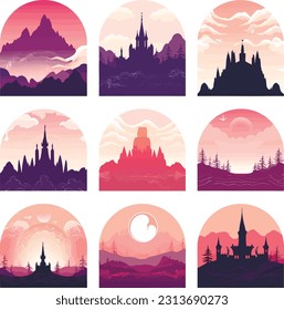 Mystical Fantasy Landscape Illustrations with Castles, Fairies, and Surreal Nature Elements. Mystical valley, with forest and river. Game assets. Stones and grass.