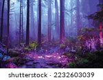 Mystical fantasy scene in forest with glowing blue, purple and violet neon lights and mist scene illustration