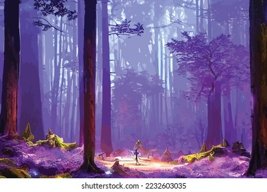 Mystical fantasy scene in forest with glowing blue, purple and violet neon lights and mist scene illustration