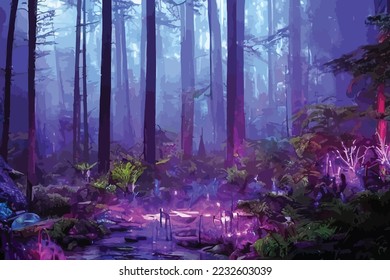 Mystical fantasy scene in forest with glowing blue, purple and violet neon lights and mist scene illustration