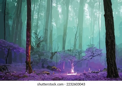 Mystical fantasy scene in forest with glowing blue, purple and violet neon lights and mist scene illustration