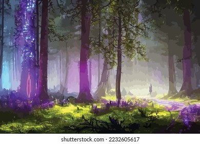 Mystical fantasy scene in forest with glowing blue, purple and violet neon lights and mist scene illustration