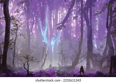 Mystical fantasy scene in forest with glowing blue, purple and violet neon lights and mist scene illustration