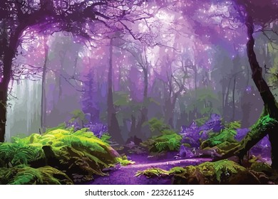 Mystical fantasy scene in forest with glowing blue, purple and violet neon lights and mist scene illustration