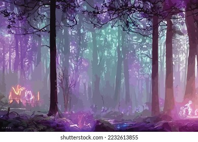 Mystical fantasy scene in forest with glowing blue, purple and violet neon lights and mist scene illustration