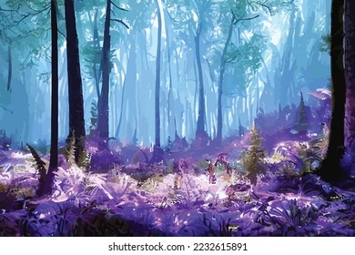 Mystical fantasy scene in forest with glowing blue, purple and violet neon lights and mist scene illustration