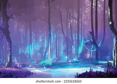 Mystical fantasy scene in forest with glowing blue, purple and violet neon lights and mist scene illustration