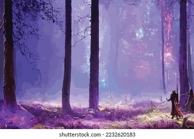 Mystical fantasy scene in forest with glowing blue, purple and violet neon lights and mist scene illustration