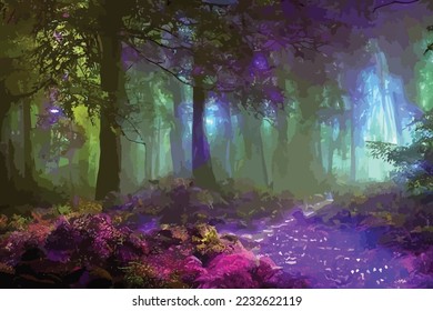 Mystical fantasy scene in forest with glowing blue, purple and violet neon lights and mist scene illustration