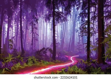 Mystical fantasy scene in forest with glowing blue, purple and violet neon lights and mist scene illustration