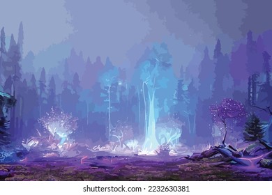 Mystical fantasy scene in forest with glowing blue, purple and violet neon lights and mist scene illustration