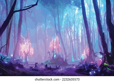 Mystical fantasy scene in forest with glowing blue, purple and violet neon lights and mist scene illustration