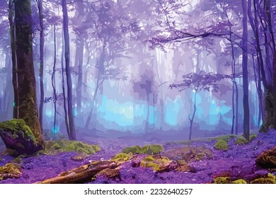 Mystical fantasy scene in forest with glowing blue, purple and violet neon lights and mist scene illustration