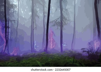 Mystical fantasy scene in forest with glowing blue, purple and violet neon lights and mist scene illustration