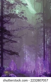 Mystical fantasy scene in forest with glowing blue, purple and violet neon lights and mist scene illustration