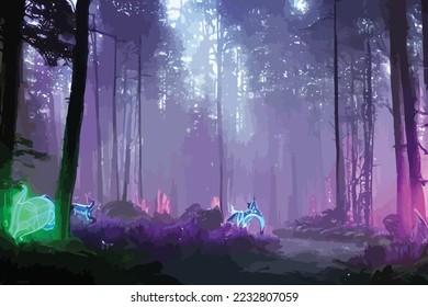 Mystical fantasy scene in forest with glowing blue, purple and violet neon lights and mist scene illustration