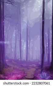 Mystical fantasy scene in forest with glowing blue, purple and violet neon lights and mist scene illustration