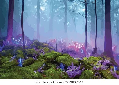 Mystical fantasy scene in forest with glowing blue, purple and violet neon lights and mist scene illustration