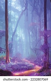 Mystical fantasy scene in forest with glowing blue, purple and violet neon lights and mist scene illustration