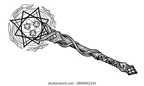 A mystical fantasy staff featuring a glowing orb with geometric patterns and ancient runes inscribed on the shaft. Black and white vector art.