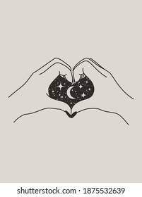 Mystical Female Hand Heart with Moon and Stars in Trendy Boho Style. Vector Palm Icon for wall print, t-shirt, tattoo Design, for social media post and stories