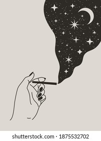 Mystical Female Hand holding cigarette with Moon and Stars in Trendy Boho Style. Vector ilustration for wall print, t-shirt, tattoo Design, for social media post and stories