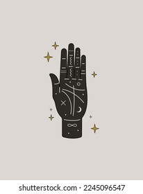 La mano mística de las mujeres con la luna y las estrellas al estilo moderno del Boho. Icono de la palma vectorial para la impresión en la pared, camiseta, diseño de tatuajes, para publicaciones en medios sociales e historias