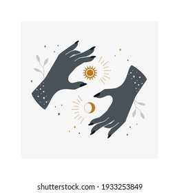 Mystical female hands hold the moon and the sun.Magic and astrology concept.Vector illustration.