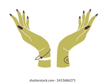 Mystical female hands raised up, metaphor of love or hope. Spiritual magic concept. Esoteric symbol. Gesture of receiving and transmission of positive energy, divine connection. Vector in flat style