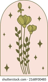 Diseño místico de vectores de flores de campo. Boho mágico flores silvestres. Flores celestes y estrellas