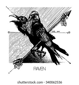 Mystical figure of two-headed raven with three eyes, magic, enchantment, spell, tattoo sketch in dot work, graphics, otherworldly, black style.