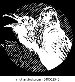 Mystical figure of two-headed white raven with three eyes, magic, enchantment, spell, tattoo sketch in dot work, graphics, otherworldly, black style.