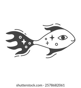 Mystical Fish Illustration. Doodle underwater animal with stars. Outline vector illustration. Celestial creature