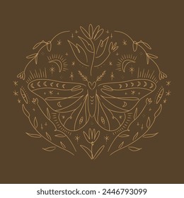 Mystische florale botanische Illustration der Nachtmottengravur minimalistische Silhouette Linie Kontur Stil. Saturnia Pavonia Mond Schmetterling esoterischer geheimnisvoller Garten-Print. Magische Hexerei