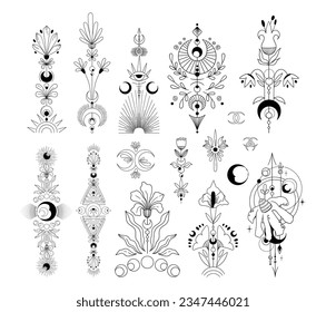 Mystical floral clipart bundle, Mysticism and esoteric concept, Flower moon and fantasy magic plants, leaves and branches isolated vector design elements