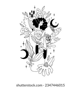 Chica floral mística con flores silvestres y sol y luna, ilustración de línea dibujada a mano blanca negra con mujer celeste en la naturaleza, concepto natural, diseño para afiche, camiseta, postales hechas en vector