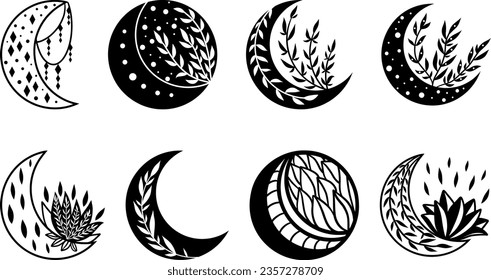 Mystical floral moon collection, celestial clipart, hand drawn line art mystical isolated symbols, magic illustration