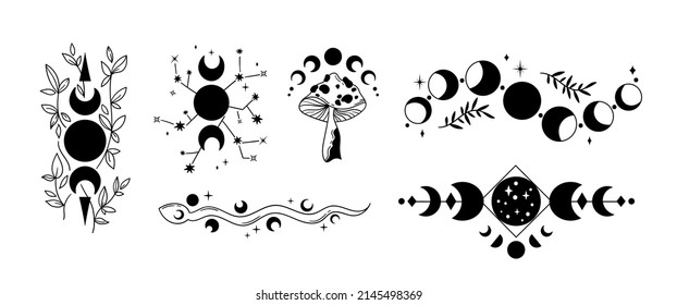 Mystical floral moon phases isolated cliparts bundle, celestial magic boho moon collection, Phase of the Moon set, silhouettes of luna, esoteric objects - black and white vector