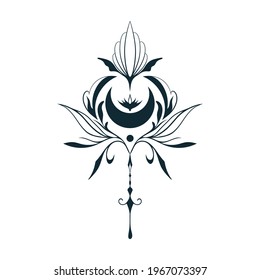 Mystical floral moon print. Spiritual lunar tattoo with flowers. Celestial  poster.
