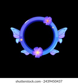 Mystical floral ring icon. Vector illustration of a blue avatar frame with butterfly wings and blooming flowers for game interface.
