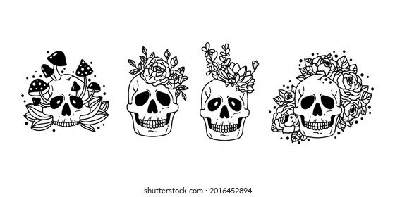 Mystical floral skull isolated clipart bundle,creepy floral boho skull collection, cactus, succulent, mushroom human skull set, horror halloween black and white vector set